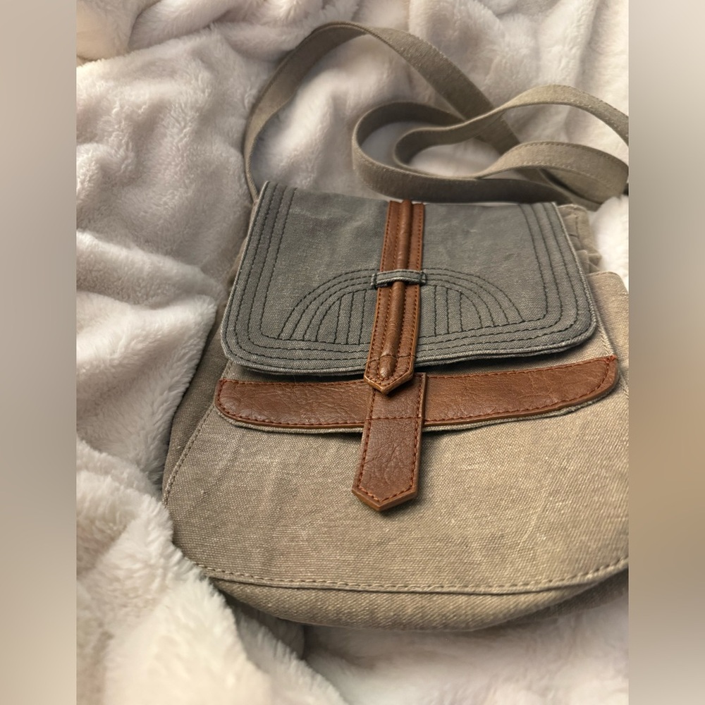 Mona B Beige and Gray Canvas Crossbody with Brown Trim $29 SALE ONLY TODAY